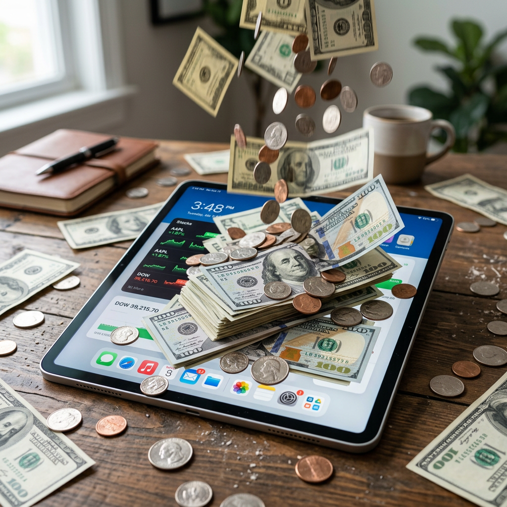Tablet showing stock market info with falling US dollar bills and coins