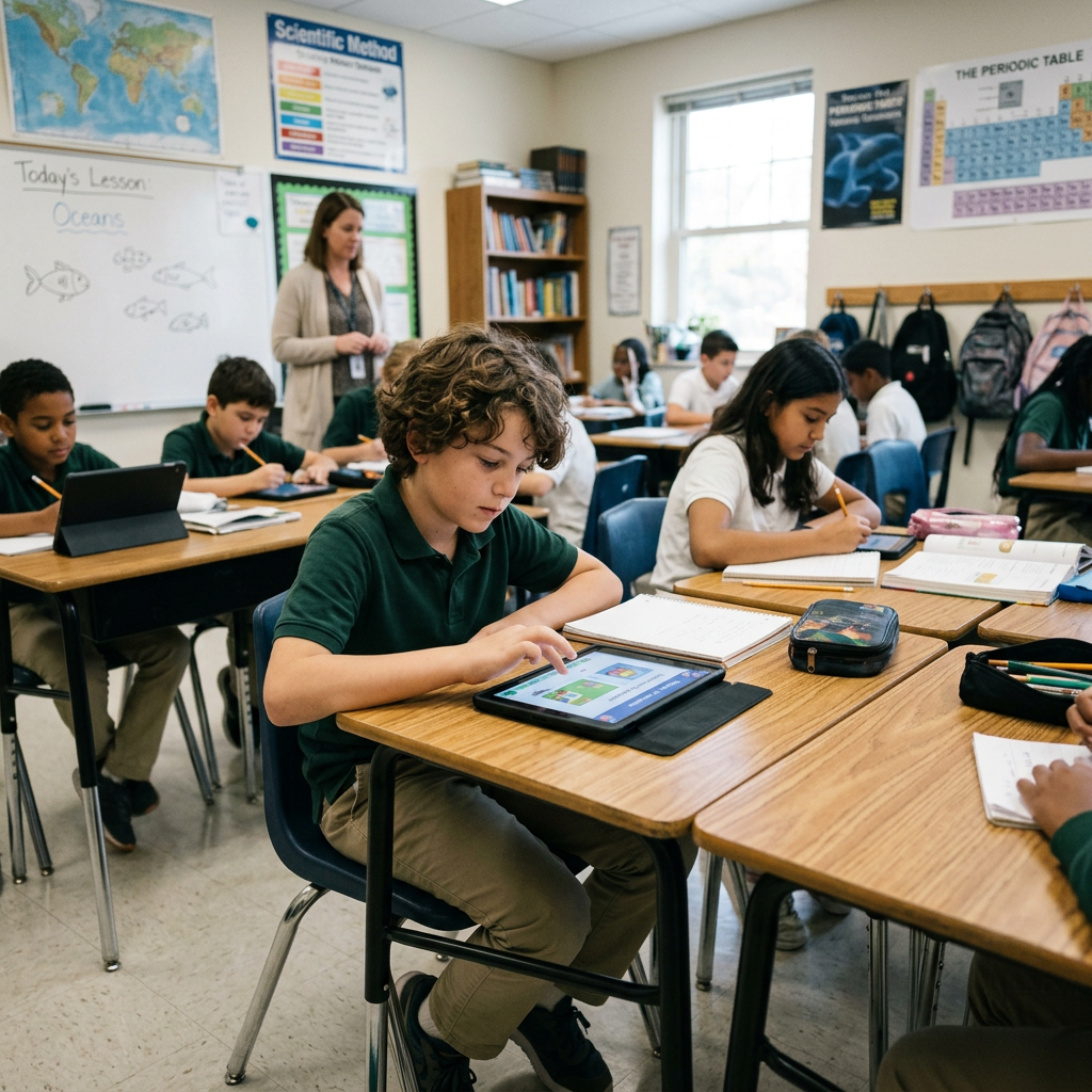 Elementary students using tablets and writing in notebooks in a classroom with a teacher nearby